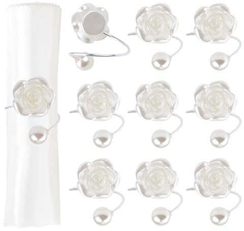URROMA 10 Stück künstliche Perlen Rosen, Serviettenringe, Metall, silberfarben, Serviettenhalter, Serviettenringe, für Hochzeit, Weihnachten, Party, Abendessen, Tischdekoration