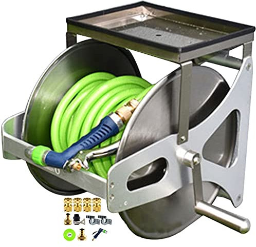 Carrello avvolgitubo portatile da giardino con tavolo portaoggetti e pistola ad acqua ad alta pressione Carrello per tubo da parete per uso domestico Camion argento con tubo verde da 15 m