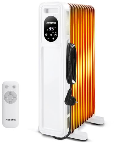 Aigostar Radiatore ad Olio 2300 W, 3 Livelli di Calore con Modalità ECO, Timer 24h On/Off, Temperatura: 5-35 ℃, Touch screen digitale con Telecomando, Hyperheat, Protezione Multipla, Bianco