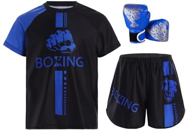 Miutii 3 delar barn pojkar träningsoverall boxning kläder muay thai shorts kickboxning korta byxor T-shirt boxningshandskar Thai MMA kampsport träning sport set, blå, 110-116
