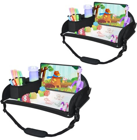 DxTing Upgraded Kids Travel Tray for Airplane - Toddler Car Seat Table Tray, Road Trip Essentials for Boys & Girls, Carseat Lap Desk for Kids Road Trip Activities, Black - 2 PCS