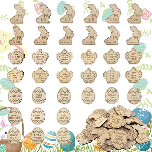 nnOuOnn 36Pcs Wooden Easter Egg Tokens & Easter Basket Stuffers - 2025 New DIY36pcs Set with Fillers, Reward Coins, Prizes for Kids Easter Party Favors, Egg Hunt Gifts (Colorful Spring Theme)