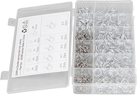 Spring Hose Clamps, Spring Clamps Blue White Zinc Hose Tube Spring Clips 250PCS Double Wire Irrigation Hose Clamp with Storage Box
