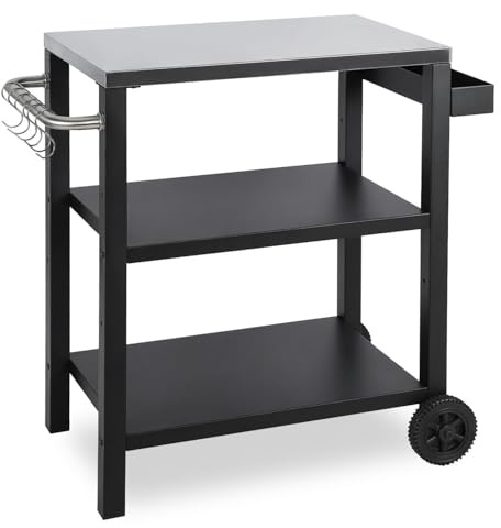 ISOISL Grillwagen Höhenverstellbar, Grilltisch mit 3 Ablagen, 6 Haken, Griff & Gewürzregal, Outdoorküche Servierwagen auf Rädern, Edelstahl-Tischplatte Für Garten Grill Camping