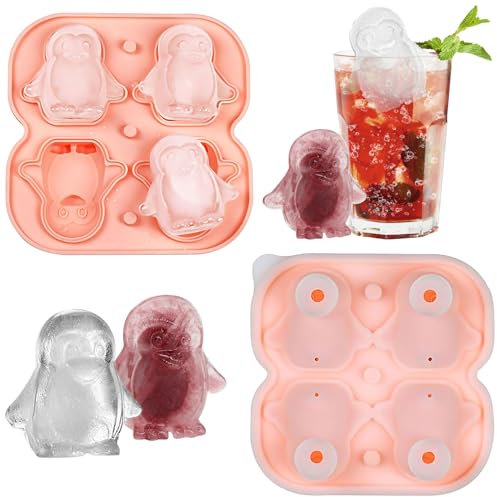 Spetsbst Silikon Eiswürfelform Pinguin, Eiswürfelform Lustig 4pcs 3D Pinguin Eiswürfelformen, Ice Cube Tray Wiederverwendbar mit Deckel und Trichter, BPA-Frei, für Eis, Whiskey, Cocktail, Saft