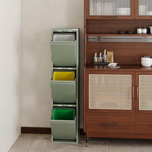 VEEHAUS Küchen Mülltrennsystem, Metall Müllschrank, 3 Klappfächer 3 x 15 L | Freistehend & vormontiert, 3 einzeln öffenbare Klappen, Magnetische Außenfläche, Herausnehmbare Eimer, 45L, Grün