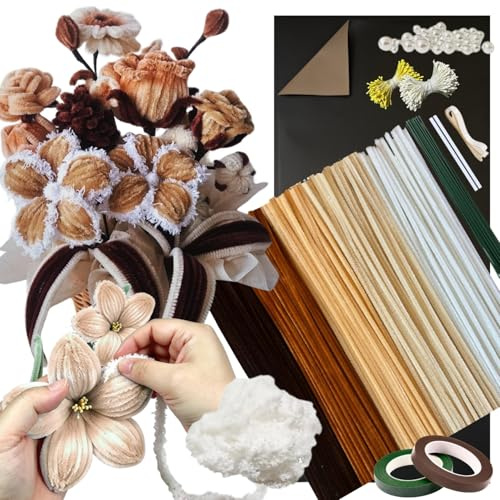 5 Farben Braun Pfeifenreiniger Blumen Set,300 Pcs Pfeifenputzer zum Basteln | Verlaufsbraun. Inkl. Wolle, Perlen, Staubblatt, Blumendraht, Klebeband, Blumenpapier, Schleifenband,Pipe Cleaner Flower Set