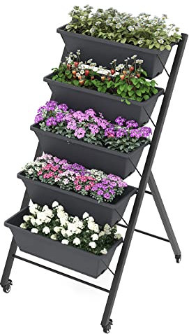 Fioriera verticale da giardino con 5 fioriere, scala mobile per erbe aromatiche su ruote bloccabili, aiuola rialzata a 5 ripiani per balcone e giardino, struttura in metallo