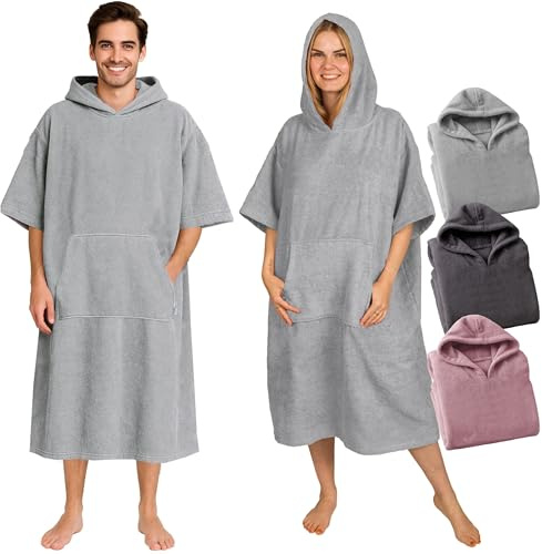CalmyBEACH Poncho da bagno Donne Uomini 100% cotone, Grigio, L/XL