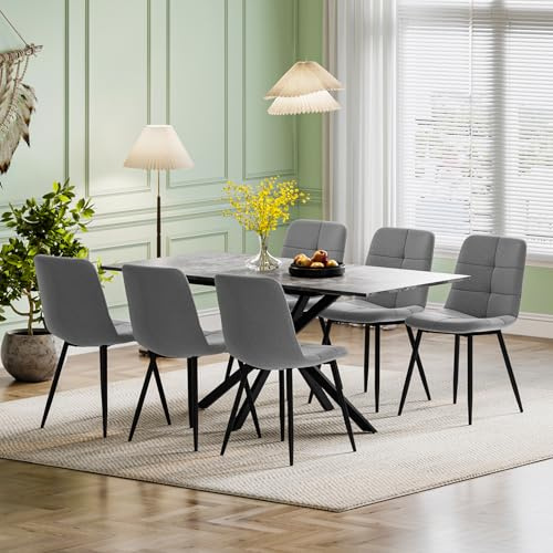 Luxstein Extendable Dining Table and Chairs Set 6, 120-160cm Concrete Effect Table with 6 Grey Upholstered Linen Chairs for Dining Room, Kitchen