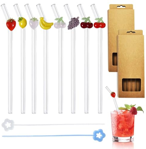 8 Pezzi Cannucce di Vetro Riutilizzabili, Cannuccia di Vetro Piegata con 2 Spazzola Pulizia, Frutta Modello Cannuccia per Succhi, Cocktail, Frullati, Caffè e Latte