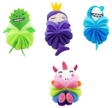 Gogogmee 4 pièces Boule de Bain pour Garçon Fille Animaux Mignons Fleurs de Bain Maille Douce Exfoliation de la Peau Accessoires pour Garçons et Filles