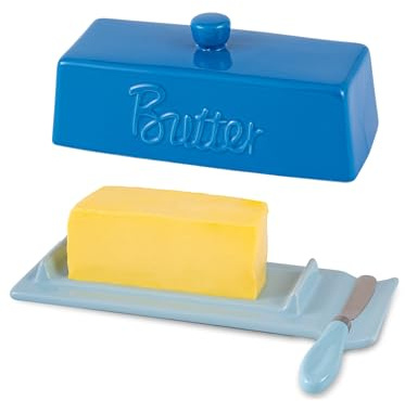 AMIEENOR Burriera in Ceramica con Coltello - Design Moderno e Sottile, Porta Burro con Coperchio per Tavola e Frigo, Ideale per Panetti da 250g (Tagliati a Metà) - Blu