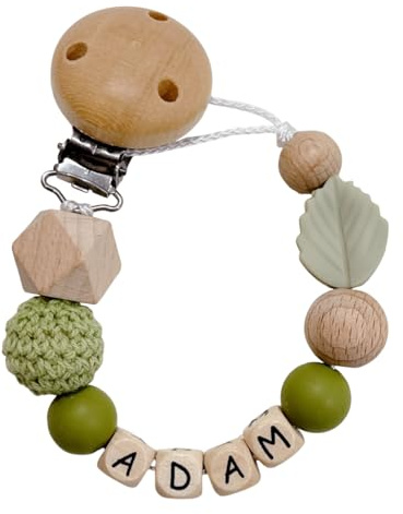 Glücksperle Schnullerband mit Namen für Mädchen & Jungen personalisierte Baby Geschenke mehrere Modellen & Farben (Grün)