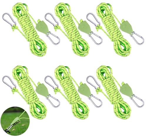 Surflyee 6 Piezas Trinquete de Cuerda con Gancho, 4MM x 4M | Tensor Cuerda Camping con Bandas Reflectantes para Tiendas de Campaña y Toldos (Verde)
