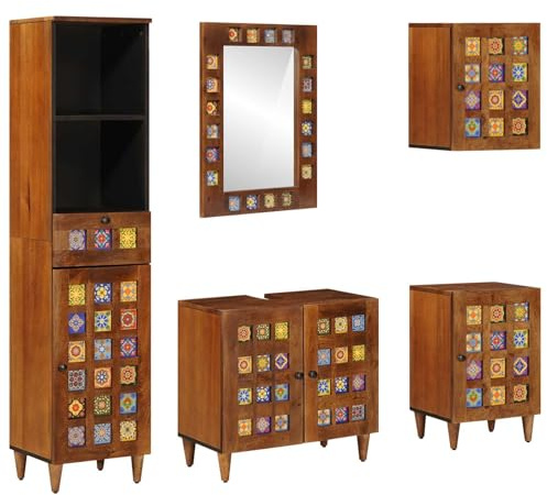 Genérico Juego de Muebles de baño 5 pcs Nogal Madera de Mango Maciza, Muebles de baño Marrón,3310093