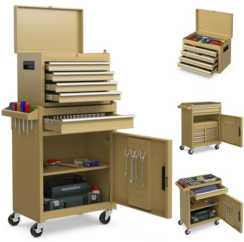 GYMAX Servante d'Atelier Outils 59 x 28 x 102 cm, Coffre Amovible, 5 Tiroirs, 2 Grande Étagère, Chariot d'Atelier avec 4 Roues Universelles(2 avec Freins), Établi pour Bricolage Automobile (Jaune)