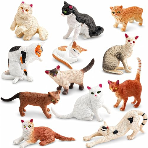 Cat Figurines Playset, 12 PCS Set Realistic Kitten Cartoon Cute Cat Table Book Miniature, Cake Toppers Kitten Toys, Car Table Garden Aquarium Decoration, Birthday Gift for Kids Boys Girls Children