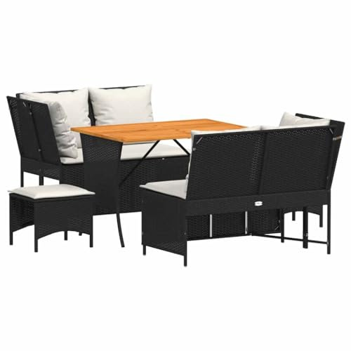 Qnhdfrt 5-teilige Garten-Sofagarnitur, Lounge-Set aus Poly-Rattan mit Tisch aus Akazienholz, Sitzgruppe für Terrasse und Garten, inkl. Sitzkissen, Schwarz und Cremeweiß