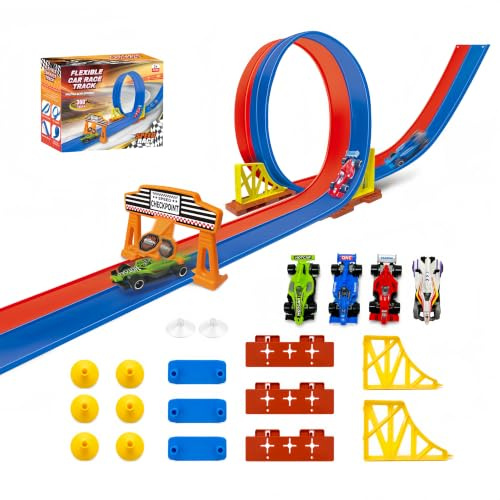 Autorennbahn 4.5M Inklusive 4 Autos Rennbahn Kinder 3+ Jahre, Flexible Rennstrecke Auto Rennbahn Spielzeug Autobahn Kinder Rollt Auf Tragbare Dual Rennstrecke Rampen (Rot und Blau)