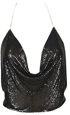 Top con escote en V para mujer de lentejuelas, sin mangas, de espalda abierta negro negro
