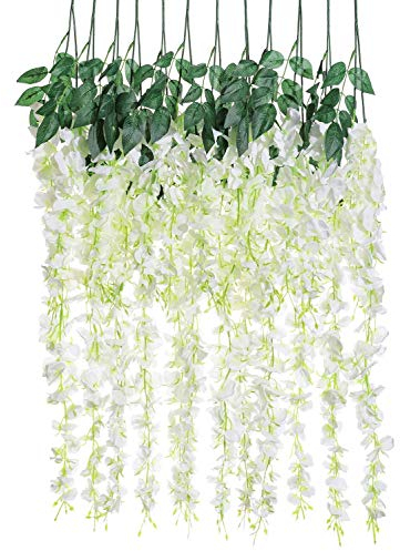 Veryhome 12PCS Artificial Wisteria Hanging Garland Fake Wisteria Vine Hanging Flower Bush String Artificial Flowers for Wedding Decorations,3.6 Feet (White)