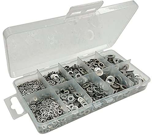Merriway BH06562 (500 pz) Assortimento di rondelle piatte in acciaio inox AISI 316 di grado marino in una custodia da trasporto a 10 scomparti, confezione da 500 pezzi