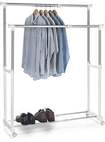 CARO-Möbel Garderobenwagen Rollgarderobe Kleiderständer Garderobenständer Rollkleiderständer CASA in weiß, 2 Kleiderstangen, Metallgestell verchromt, höhen- und breitenverstellbar