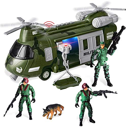 JOYIN Militärfahrzeuge Spielzeug-Set mit Reibungsantrieb, Transporthubschrauber mit Licht, Tonsirene und Soldatenarmee, Spielzeug für Kinder