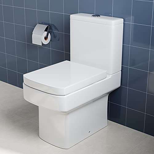 ELEGANT Close Coupled Toilet with Soft Close Seat and Cistern | Modern Bathroom Ceramic Toilet Unit with High Gloss White, Square Seat