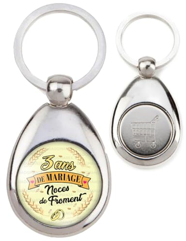 BADGMANIA | Porte Clés Métal Jeton de Caddie | Anniversaire 3 Ans de Mariage Noces de Froment - Anneaux Mariage
