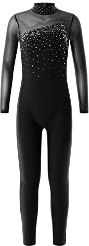 CHICTRY Turnanzug Ganzkörper Mädchen Langarm Voltigieranzug Strass Glitzer Tanzbody Stehkragen Turntrikot Mesh Patchwork Sportbody Trikotanzug Dancewear Schwarz 134-140