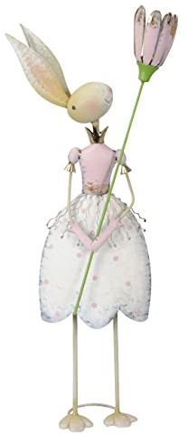 ETC große dekorative Osterfigur als Osterhasen-Dame aus Metall in weiß rosa Kleid mit rosa Blume aus Metall beidseitig farbig