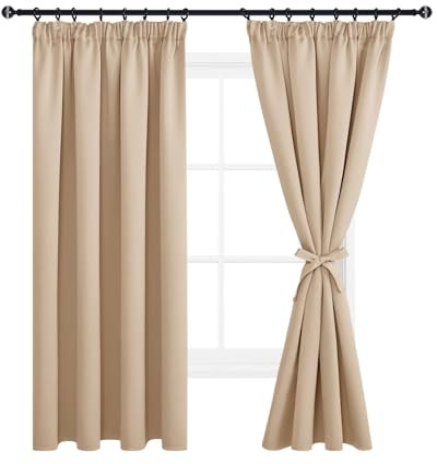DWCN Mörkläggningsgardiner tjocka termiska gardiner ogenomskinliga med veckband gardin med gardinslipsar, 200 x 140 cm (höjd x bredd), beige, set om 2