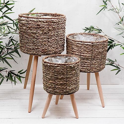 Large Natural Rattan Seagrass Wicker House Plant Flower Pot Planter With Wooden Legs (large)