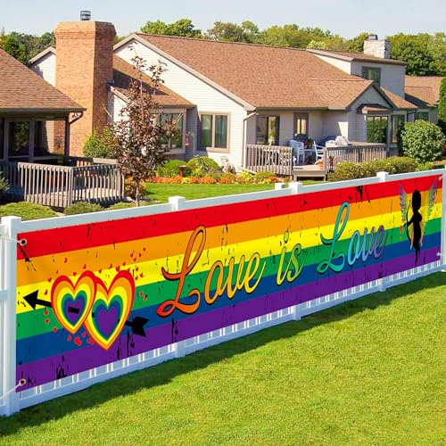 Bandera de orgullo con diseño de arco iris, decoraciones LGBT Long Love is Love Banner para el mes del orgullo en interiores y exteriores, decoraciones de fiesta del orgullo gay, 274 x 37 cm