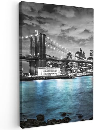 MuchoWow© Bilder Groß XXL Wohnzimmer Deko Moderne Wandbild Kunstdruck | 80x120 cm - Leinwand Bild Schlafzimmer über Bett Room Decor Geschenke New York - Skyline - Stadt - Blau