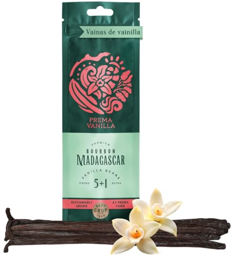 PREMA VANILLA Gousse de Vanille Bourbon Premium - Vanille Gousse Naturelle et Bio 14-18cm - Gousse de Vanille Madagascar - Gousse Vanille de Qualité Gourmet, 5 Gousses de Vanille plus 1 Offerte