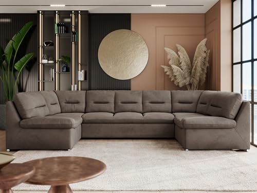 MKS MEBLE Wohnlandschaft COMODO U XXL – Sofa U-Form mit Schlaffunktion & Bettkasten, Schlafsofa mit Stauraum, freistehende Wohnzimmer Couch Ecksofa Polsterecke - Braun Velvet