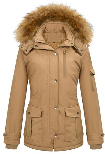TOMEEK Giacca Invernale Donna con Cappuccio Caldo Parka Cappotto Pile Donna con Zip Giubbotto Antivento Casual Imbottito con Tasche Pelliccia Media Lunghezza da Esterno Sci(Cachi,S)
