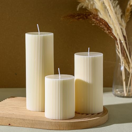 Conelist Ribbed Pillar Candles Set of 3, Width 3 High 4 6 8 Large Soy Wax Orchids Scented Pillar Candles Aesthetic Ribbed Modern Home Decor for Bathroom Living Room(Cream)