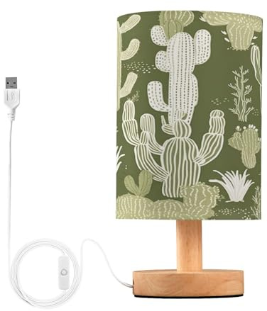 SKYSHU Lampe de chevet en forme de cactus - Petite lampe de bureau LED USB avec base en bois antidérapante et abat-jour agréable pour les yeux - Pour salon, chambre à coucher, dortoir, maison, bureau