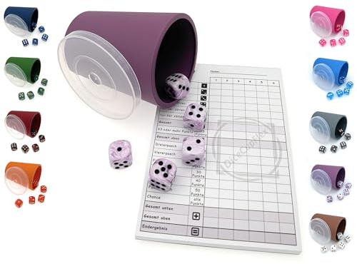 DiceCupFlex - Flexibler Würfelbecher mit Deckel inkl. 6 Würfel und Würfelblock, Spielblock - Made in Germany (Lila)