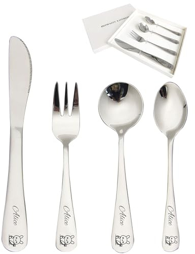 Personalized Toddler Silverware Cutlery Set of 4 Custom Stainless Steel Kids Utensils Engraved Dinner Forks Knives Spoons for kids Boys Girls (Rabbit)