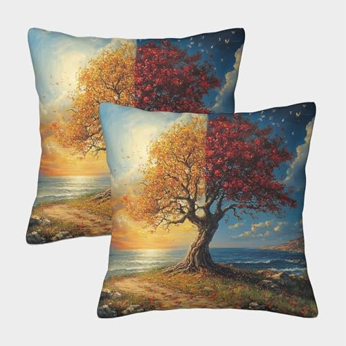 ZBOLI 2er-Pack Kissenbezug 45x45cm Deko-Kissenbezug Baum Deko-Kissenbezug Sea in Summer and Herbst Deko-Sofa-Kissenbezug Mit Muster Passend Für Sofa Wohnzimmer Balkon Garten Auto