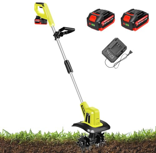 Motobineuse de Jardin sans Fil, rotavateur électrique de Jardin avec Poteau réglable, cultivateur de Sol avec 2 Batteries Rechargeables et Chargeur, Largeur de Travail 25 cm, Profondeur labourage