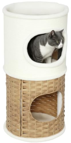 PawHut Niche pour Chat d'intérieur à 3 Niveaux, Tour pour Chat avec Un Plateau supérieur Ouvert, tonneau à gratter en sisal pour Animaux de Moins de 6 kg, Ø 40 x 80 cm, crème