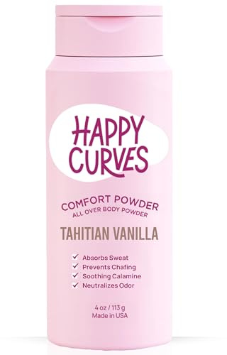 HAPPY CURVES Comfort Powder: Talc Free Anti Chafe Body & Foot Dusting Powder Deodorant for Inner Thigh Chafing, Private Areas, and All Over Body for Women 4oz (Pack of 1), Tahitian Vanilla