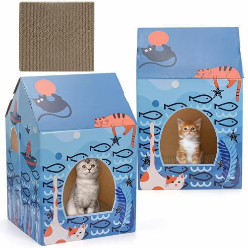 Lawei 2 Pack Cardboard Cat Houses with Scratch Pads, Sturdy Cats Play Scratching House for Indoor Hideaway Furniture, Cute Scratching Box Toy for Cat Birthday, Bunny Small Pet Bed, Easy Assembly