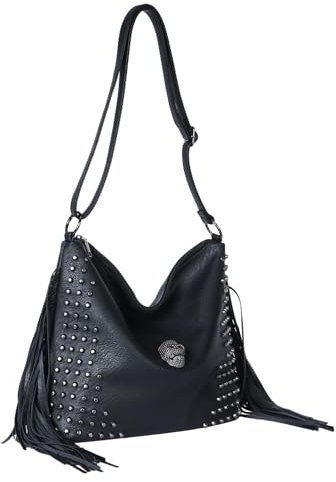 Jywmsc Western Fransen Geldbörse für Damen Hobo Umhängetasche aus Leder Totenkopf-Motiv im Gothic-Stil Schwarze Punk-Umhängetasche